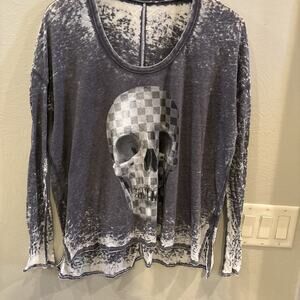 Chaser Skull Checked Long Sleeve Shirt Women Small Black And White Grunge Street